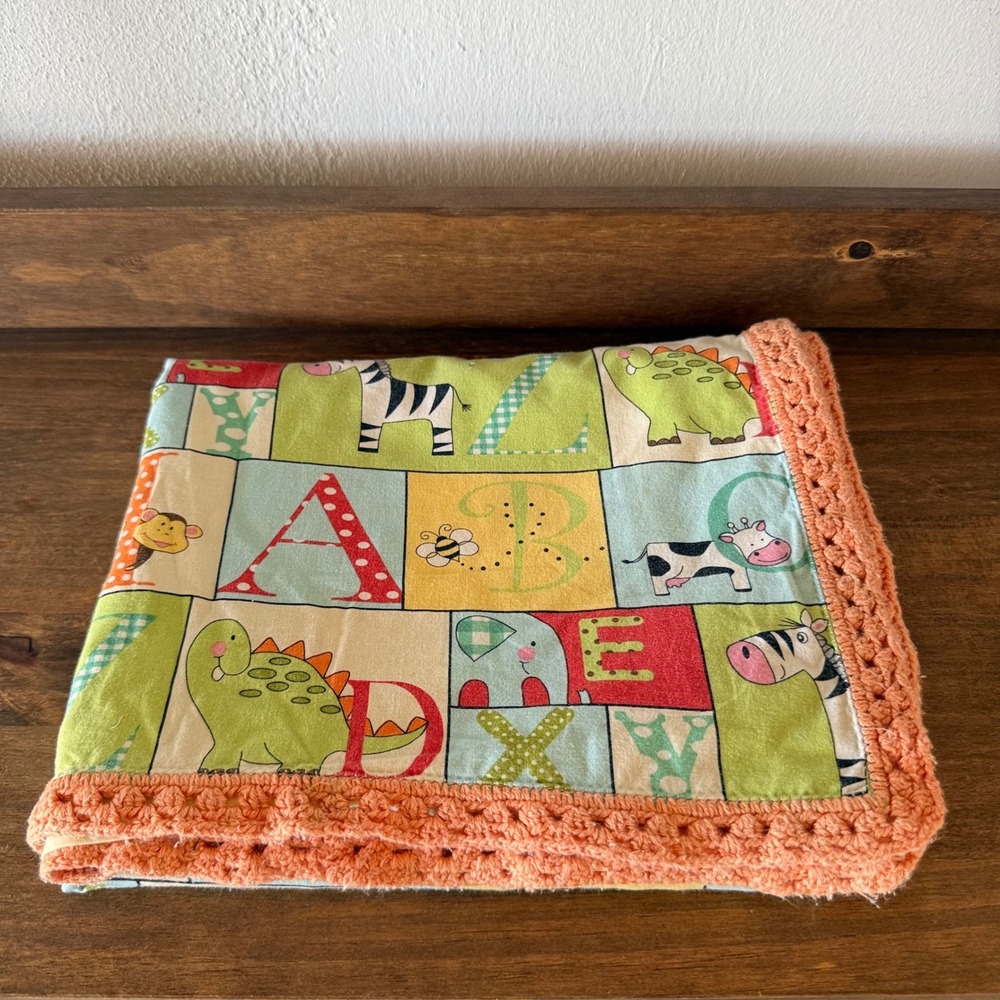 Handmade ABC Animal Print Baby Blanket Orange Crochet Trim 34x40
